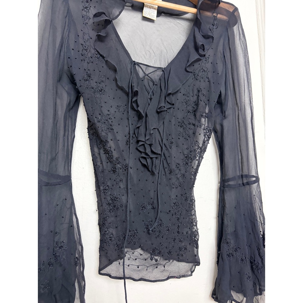 ICE Silk Beaded Blouse Black Sheer Ruffle Lace Up Bell Sleeve Vintage Style PS - Picture 4 of 6